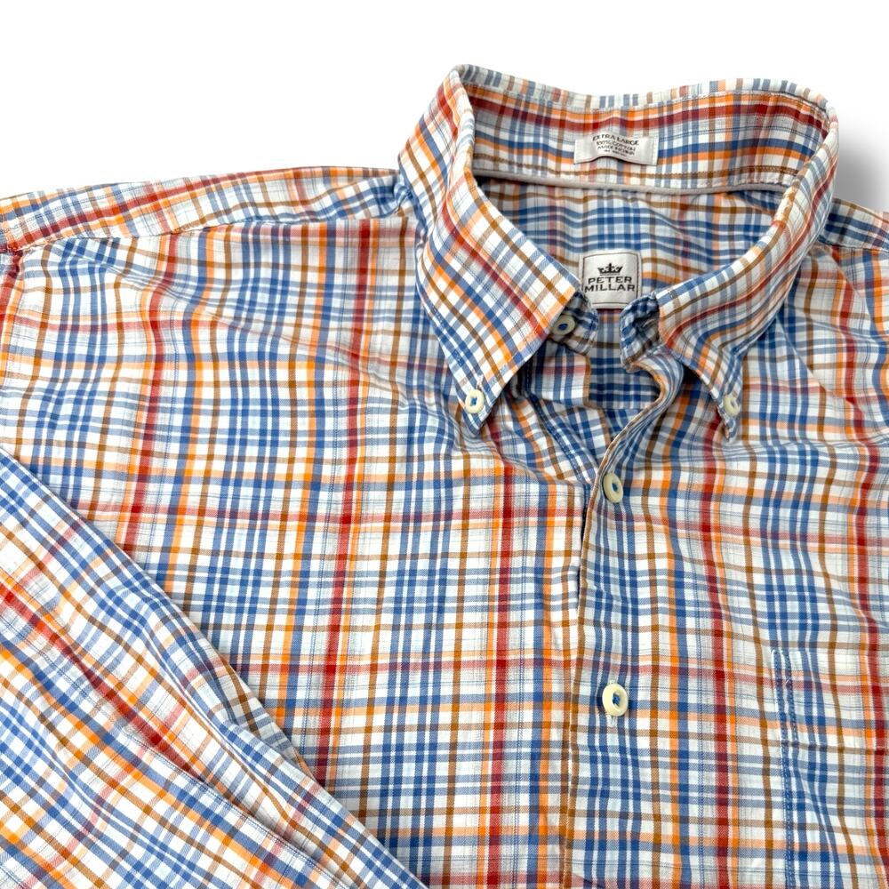 Peter Millar Plaid Button Down Shirt XL Blue Orange Cotton Prep Golf Sport Shirt
